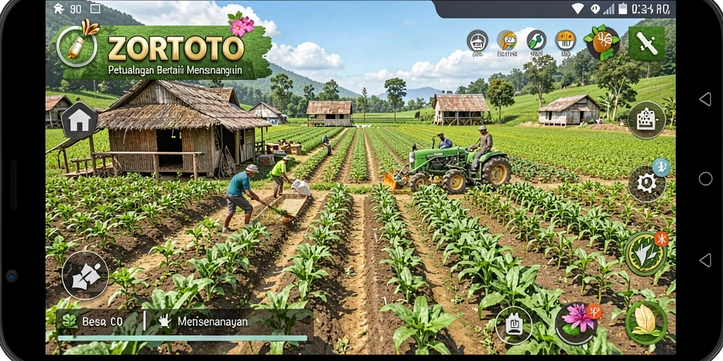 Tampilan gameplay ZORTOTO dengan aktivitas bertani yang seru.